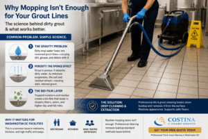 Commercial tile and grout cleaning in Washington DC using extraction equipment to remove dark grout buildup from commercial kitchen floors
