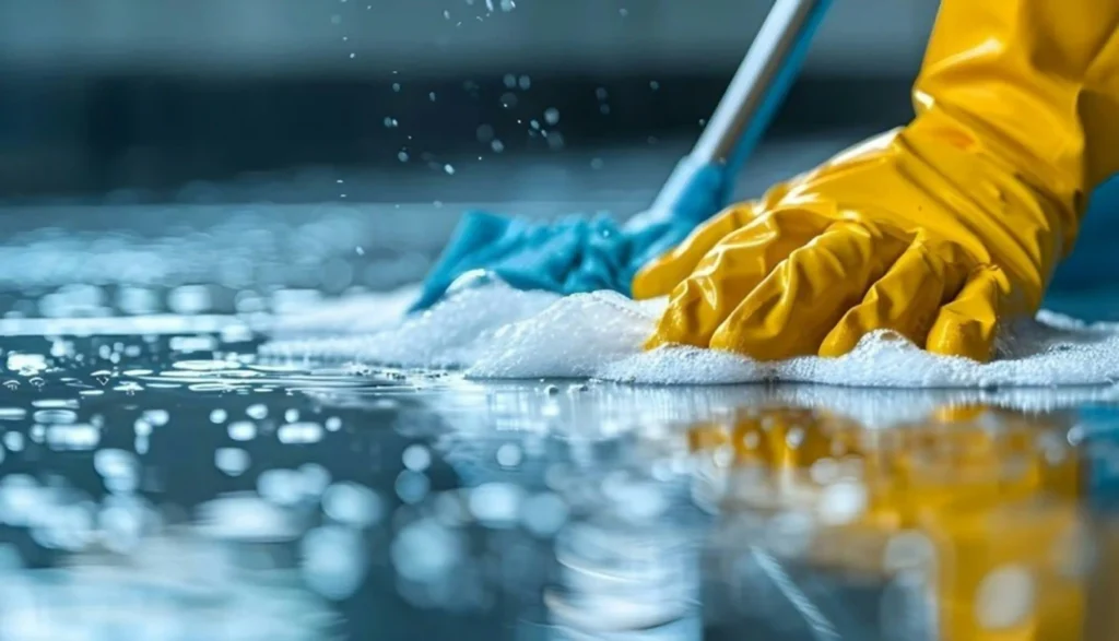 Gloved cleaner wiping a commercial floor surface for medical office cleaning