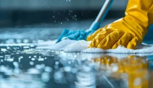 Gloved cleaner wiping a commercial floor surface for medical office cleaning