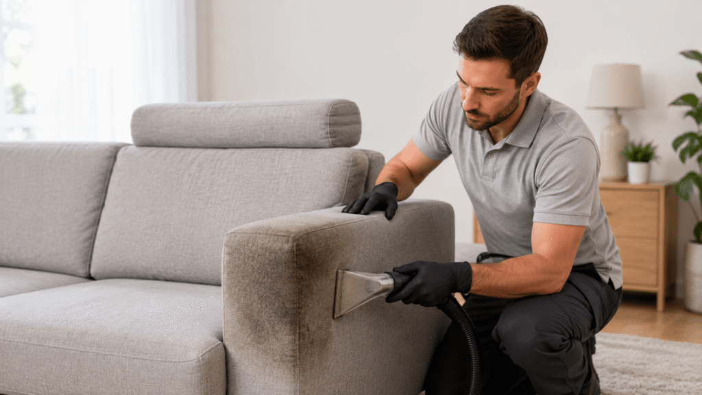 Professional upholstery cleaner removing dark body oil buildup from a gray sofa armrest