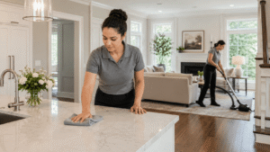 Professional recurring home cleaning team cleaning a modern home in McLean VA