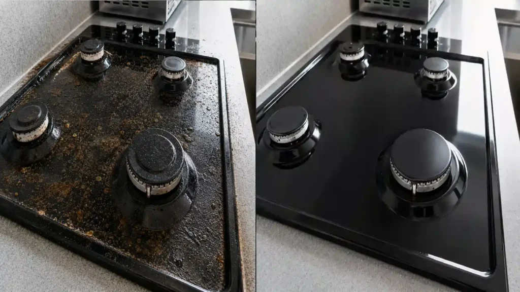 efore and after of a grease-covered gas stovetop deep cleaned to a spotless black finish in an Arlington home