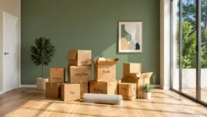Labeled moving boxes stacked in an empty room, ready for a move-out clean in Arlington