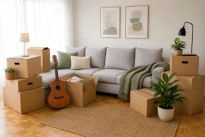 Moving boxes stacked in a Northern Virginia living room ready for move-out cleaning
