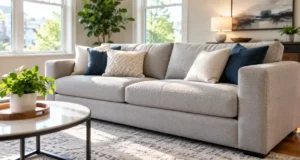 Freshly steam-cleaned fabric sofa in an Arlington, VA living room